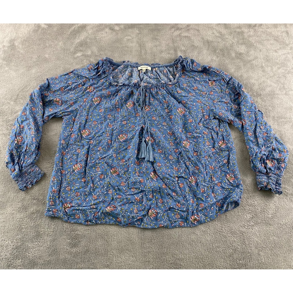Max Studio Womens Blue Floral Peasant Blouse Tassel Tie Smocked Sleeve Small